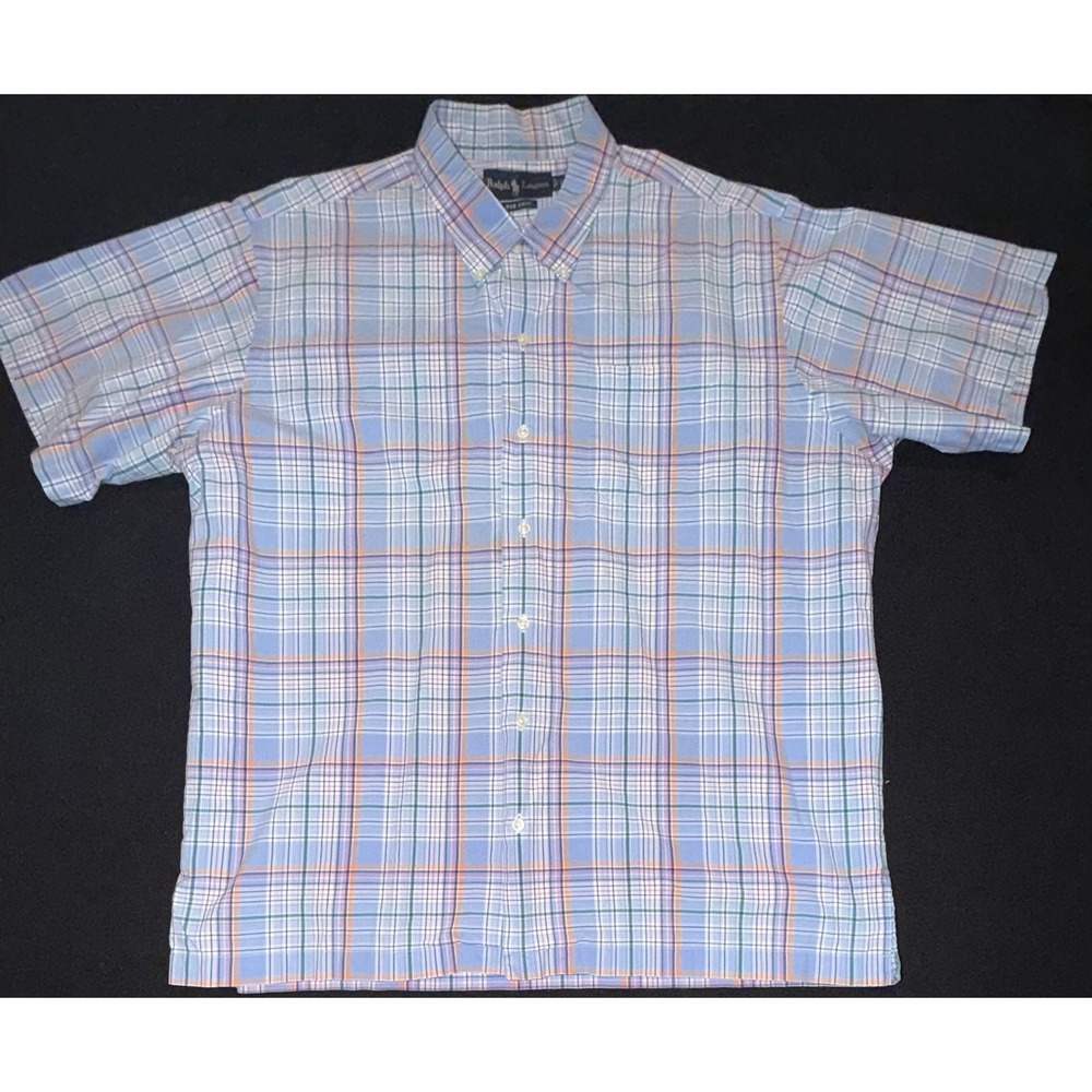 Ralph Lauren Bob Camp Men's Short Sleeve Blue Plaid Button Down Mens Large